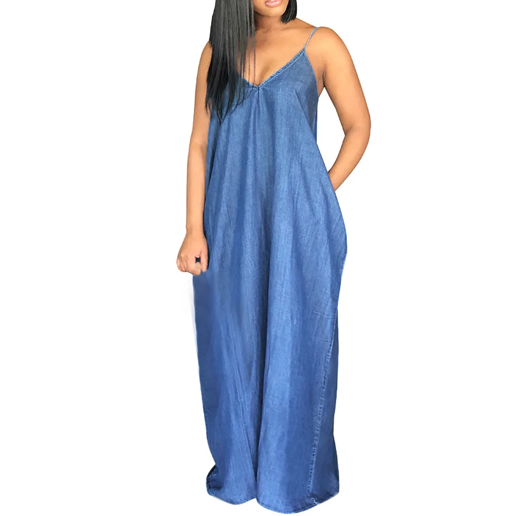 

Feitong Fashion Loose Summer Dress For Women 2019 V-Neck Sleeveless Backless Denim Solid Spaghetti Strap Long Dress 2019 New Hot