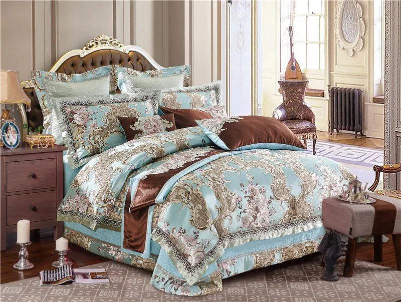 Rey/reina tamaño azul lujo satén juegos de cama Queen King Size algodón sábana funda nórdica cama juego de cama literie Rey/reina tamaño azul lujo satén juegos de cama Queen King Size algodón sábana funda nórdica cama juego de cama literie
