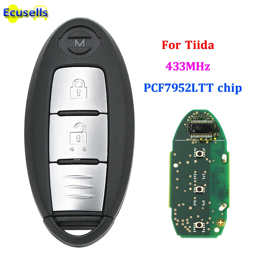 

smart 2 button remote key fob FSK 433MHz with PCF7952LTT chip for Nissan Tiida 2017 year with insert key blade