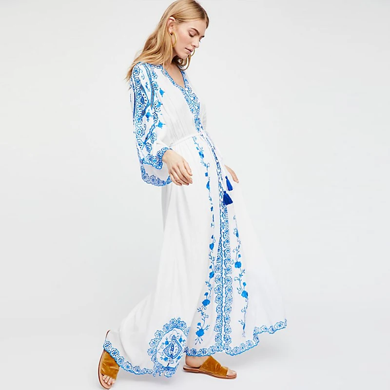 

Summer new Chinese style blue and white porcelain embroidery Bohemian travel hollow-out V collar flared sleeve dress