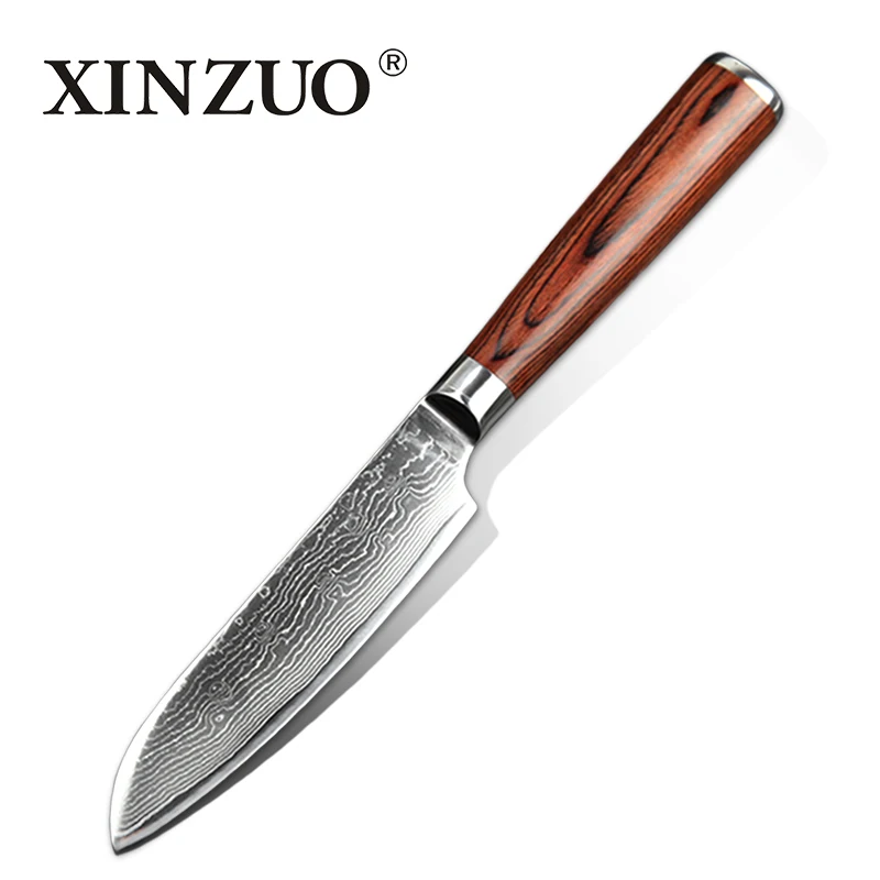 

XINZUO 5" inch Santoku Knife Japanese vg10 Damascus Double Forged Kitchen Knives Japan Chef Fruit Knife with Pakkawood Handle