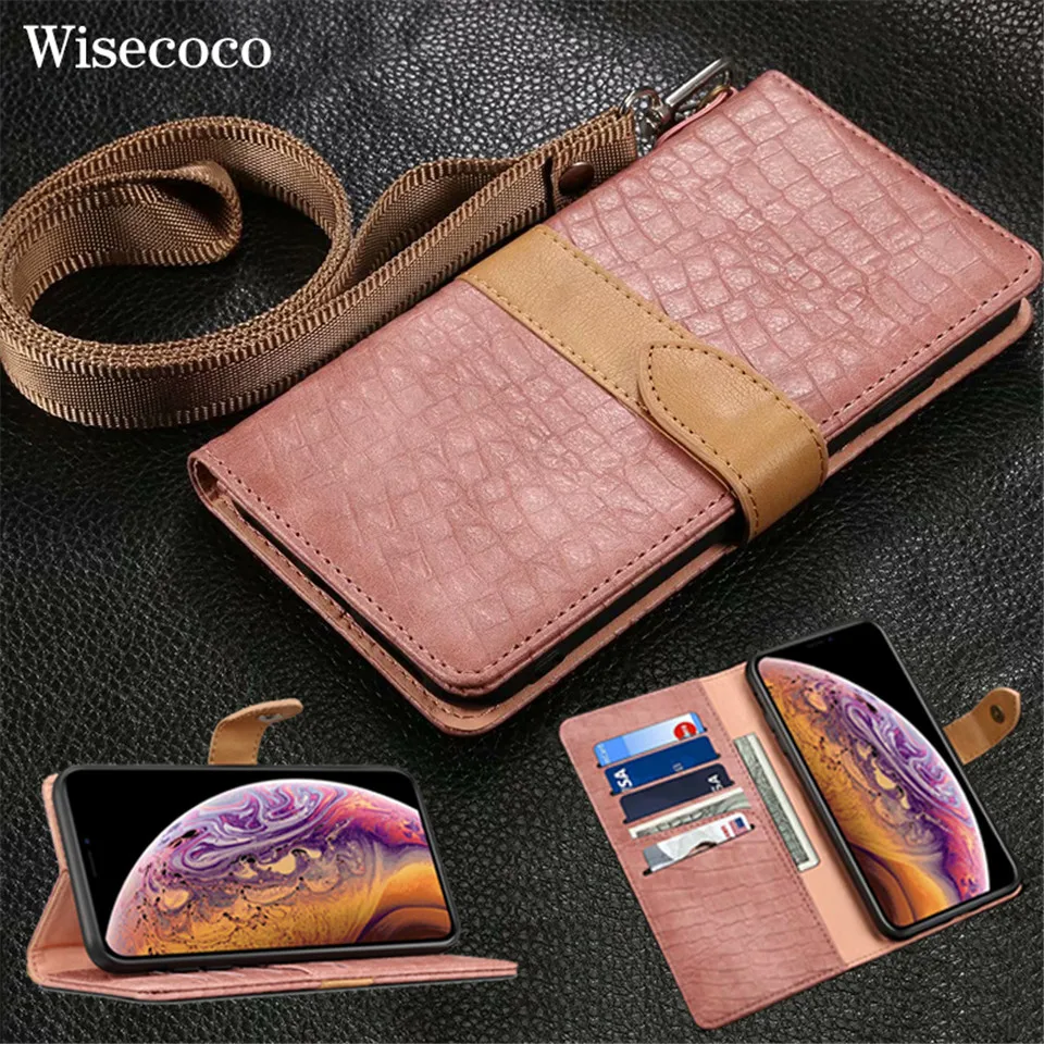 

Luxury Crocodile Pattern Leather Case for IPhone XS Max XR XS X 8 7 6 6S Plus 8plus Card Holder Stand Flip Wallet Cover Lanyard