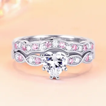 

925 Stamped Sterling Silver Ring set For Women 2 PCS Bijoux Heart Pink Crystal Rings Silver 925 Jewelry Romantic Wedding