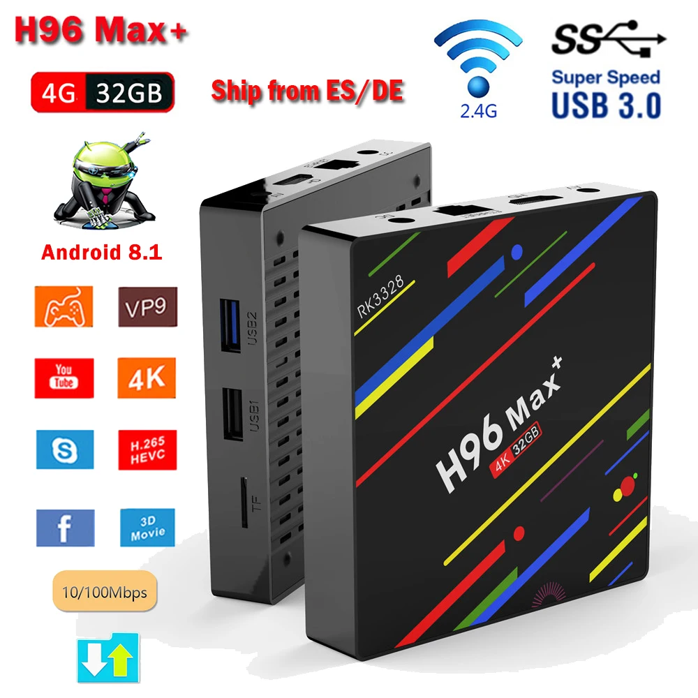 

Hot H96 Max Plus Smart TV Box Android 8.1 Rockchip RK3328 4GB 32GB HD 4K H.265 HDR10 USB 3.0 WIFI Smart Media Player Set-top Box