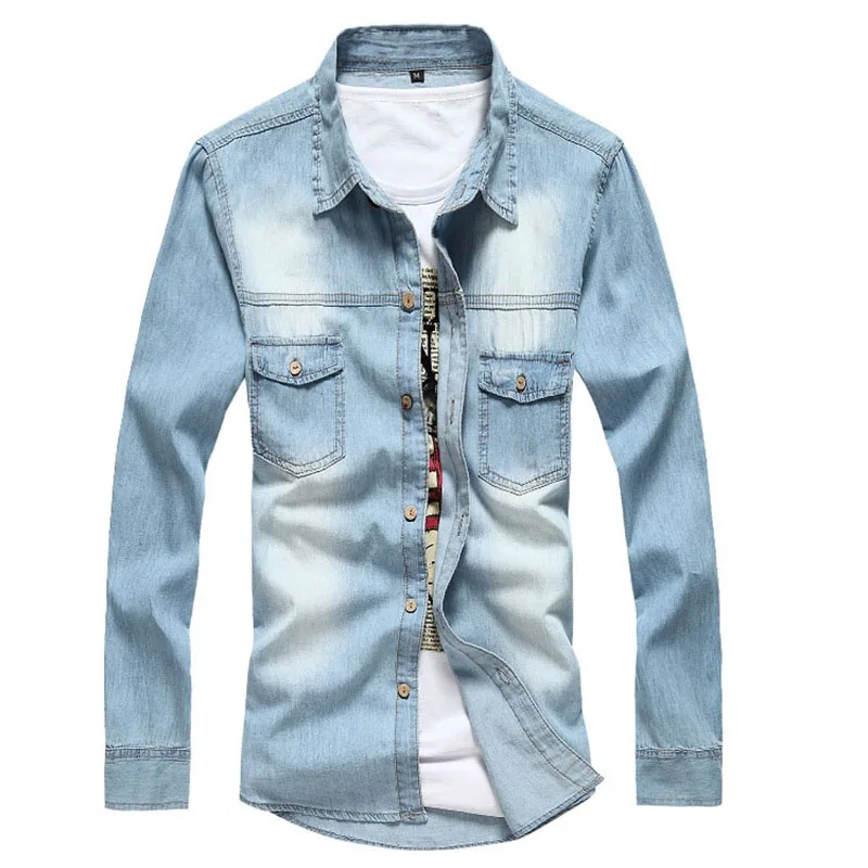 Light blue Новые мужские джинсовые рубашки с длинными рукавами, модная стирка, хлопок, Ретро Повседневная джинсовая рубашка для мужчин, ковбойская рубашка M~ 3XL AE8001 - Цвет: Light blue