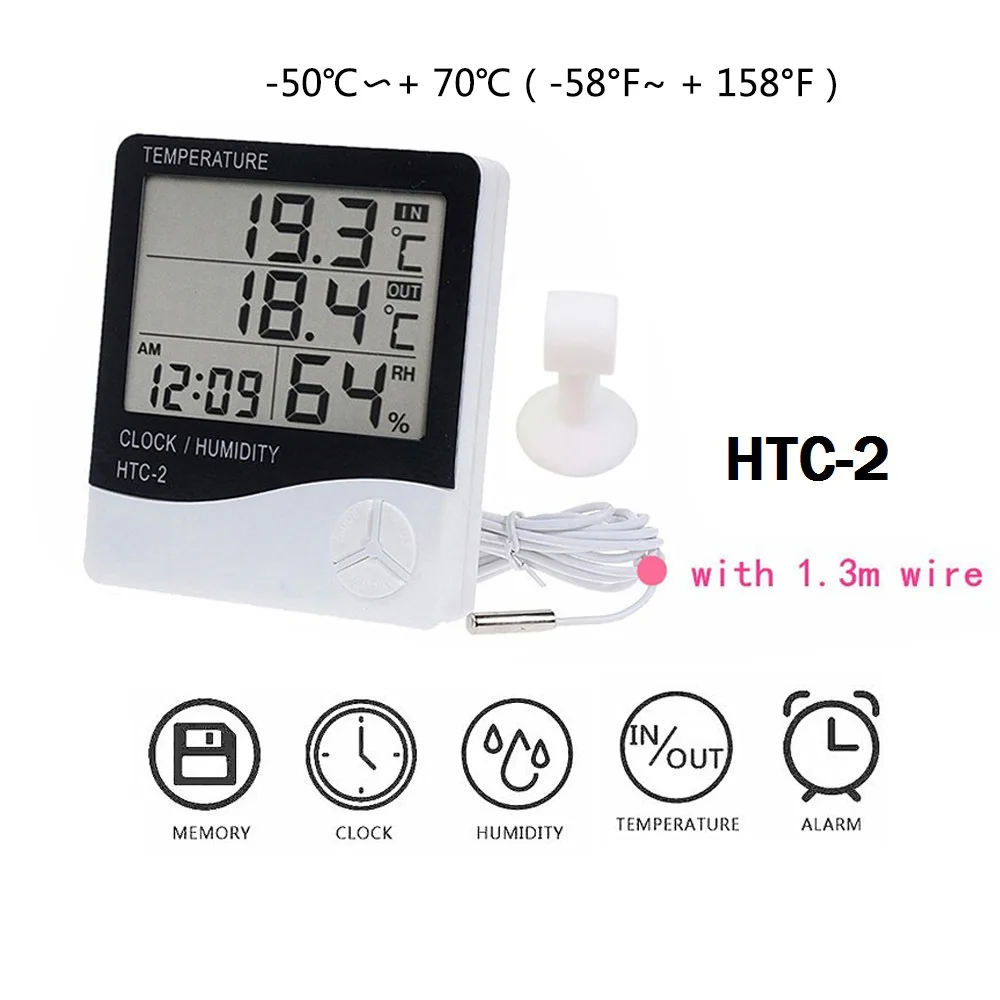 HTC-2 Цифровой электронный термометр с ЖК-дисплеем, измеритель влажности, гигрометр, метеостанция, аквариум, ванная комната, для помещений, с будильником - Цвет: HTC-2