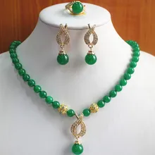 2 цвета лучший подарок комплект ювелирных изделий! заводская цена Для женщин Полу-preciousnatural Нефритовое ожерелье серьги кольцо(7/8/9) комплект#109