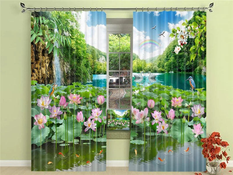 

Lakeside scenery Blackout Curtains Healthy non-pollution Digital Print Colorful Curtains for Bedding room Living room