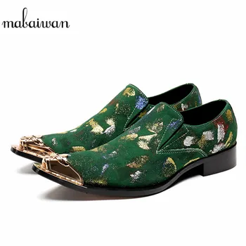 

Mabaiwan Fashion New Men Shoes Handmade Slipper Gold Metal Pointed Toe Suede Loafers Wedding Dress Shoes Men Flats Free Shipping