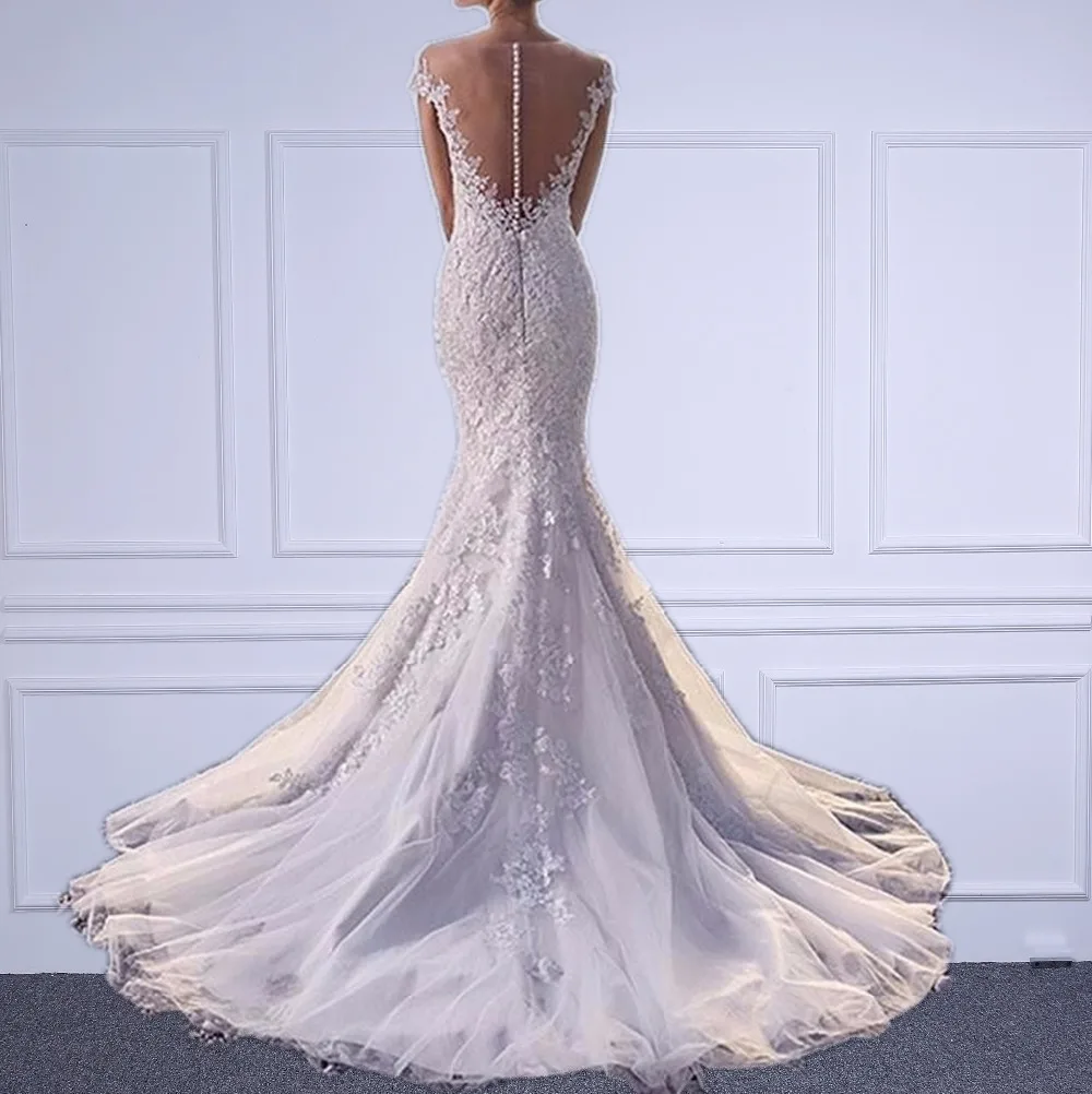 Элегантное свадебное платье русалки с круглым вырезом и аппликацией, кружевное платье на молнии с длинным шлейфом, Vestido De Novia Sirena Renda