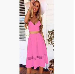 

Spaghetti Strap Women Crop Top and Skirt Set Solid Two Piece Summer Women Set Knee-Length Skirt Women Skirt Top Matching Set