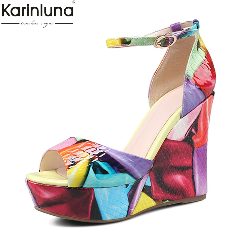 

luxury brand elegant Genuine Leather Ladies Wedges High Heels Platform Print Shoes Woman Casual Party wedding Summer Sandals