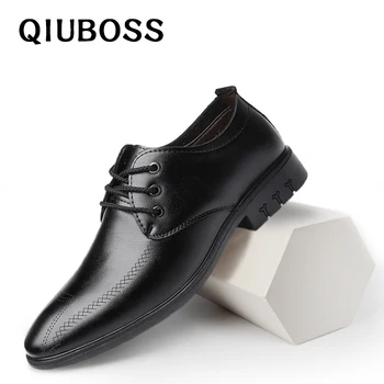 

QIUBOSS Luxury brand Men's dress shoes Leather men business flat Classic Male Formal Oxford Pointed Toe Casual Shoes Black Brown