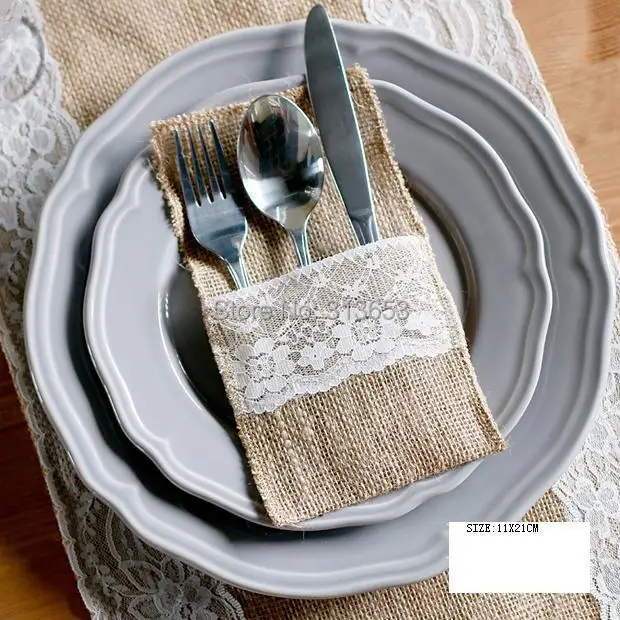 new arrival Jute lace tableware bags Cutlery Pocket Burlap
