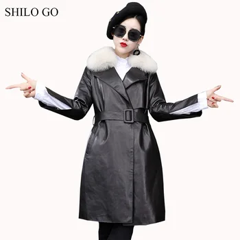 

SHILO GO Leather Trench Womens Spring Fashion sheepskin genuine long coat Fur lapel collar belt concise straight coat