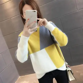 

2019 Autumn Winter Women Korean Style Patchwork Faux Mink Knitted Pullover Sweater Female Loose Thick Tricot Jumper Tops K122