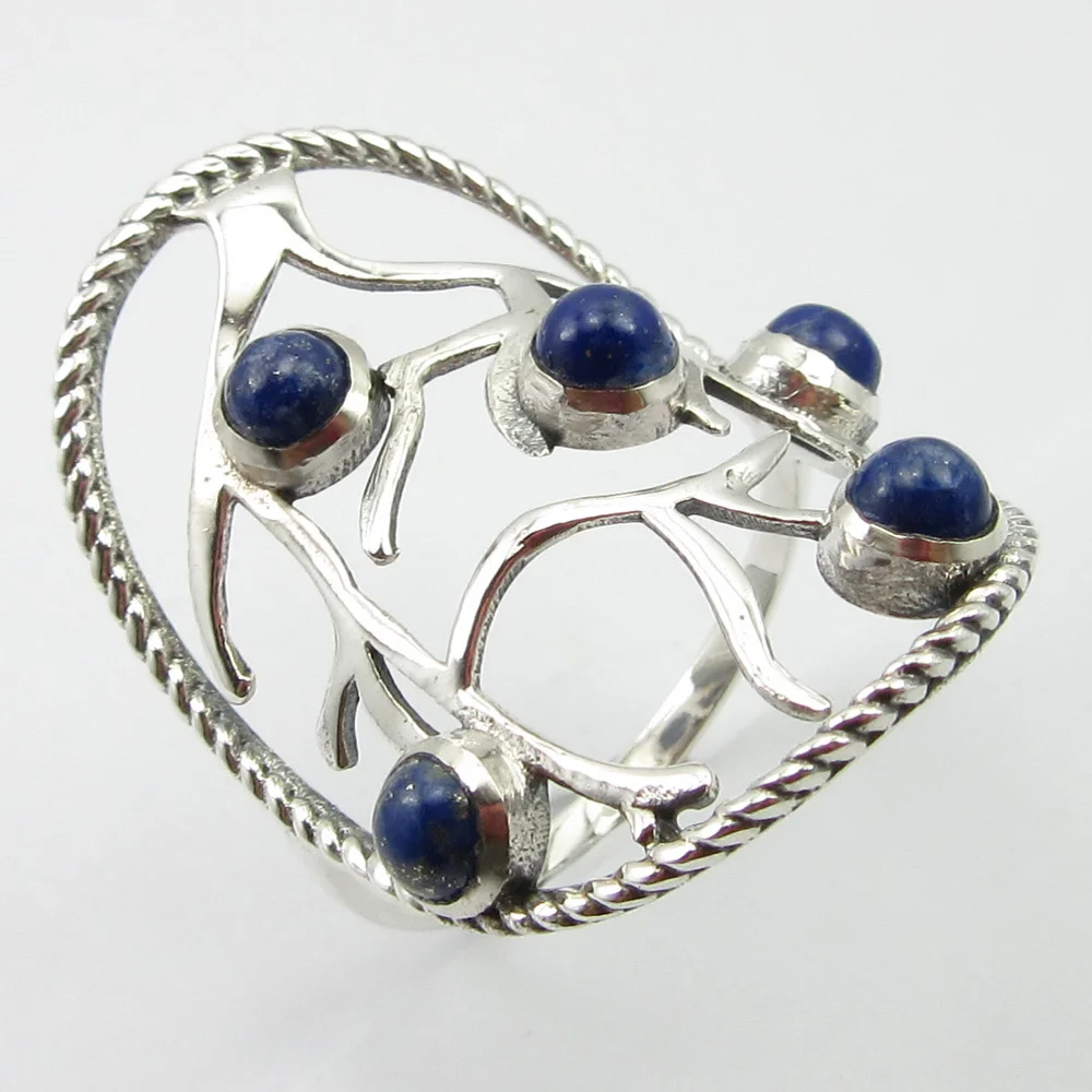 

Solid Silver Lapis Lazuli Finger Ring Size 9 Handcrafted Jewelry Unique Designed