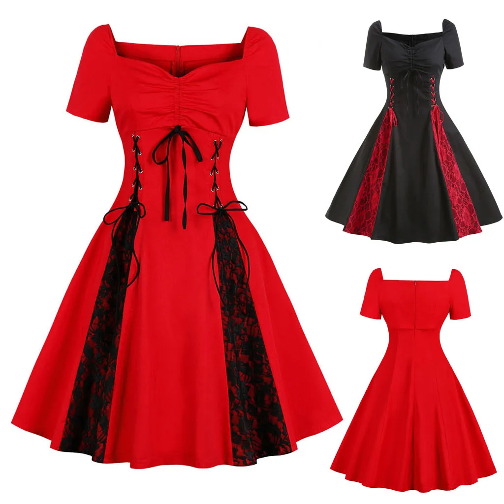 Women Short Sleeve Gothic Solid Lace Rockabilly Evening Prom Swing Punk Dress