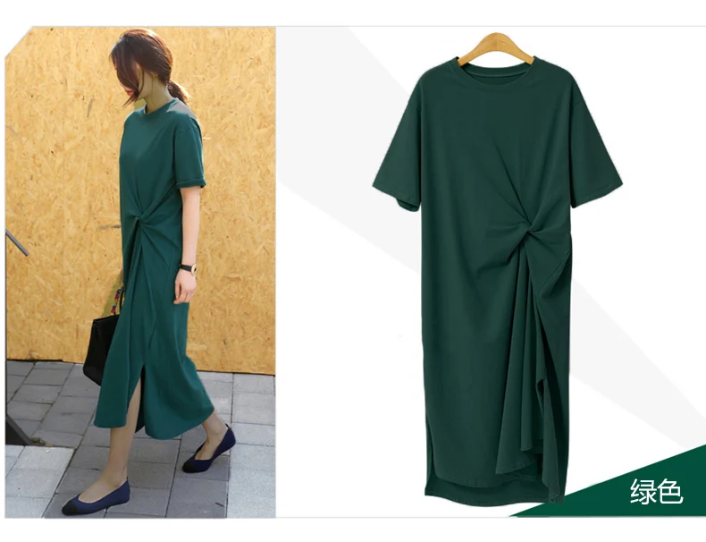 Хлопок размера плюс летнее платье мода завязанный дизайн короткий рукав длинное платье женское платье femme Повседневное платье футболка - Цвет: Зеленый