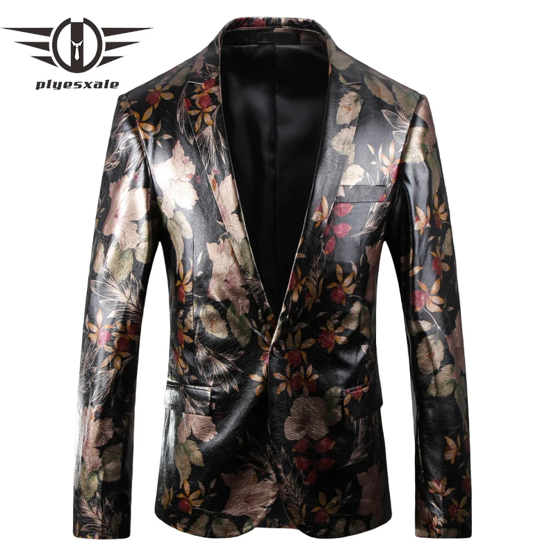 

Plyesxale Brand Mens Leather Blazers Slim Fit Floral Blazer Jacket Stage Costumes For Singers Luxury Party Prom Blazers Q418