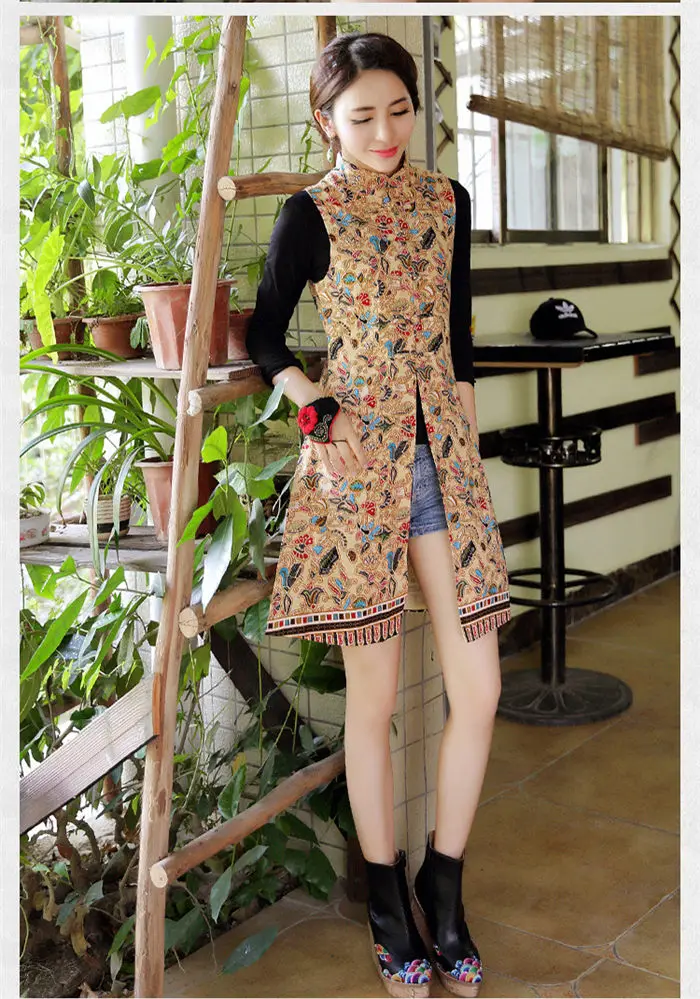 Woman Vest New Arrival Chinese Style Women Sleeveless Jacket Vintage Print Long Slim Ethnic Waistcoat Cotton Linen Tops f1073