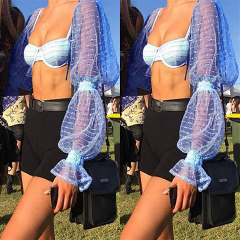 

Women Top - Blue Sparkly Long Sleeve Neck Blouse Sexy See-through Short Shirt Nightclub Clothes Babydoll