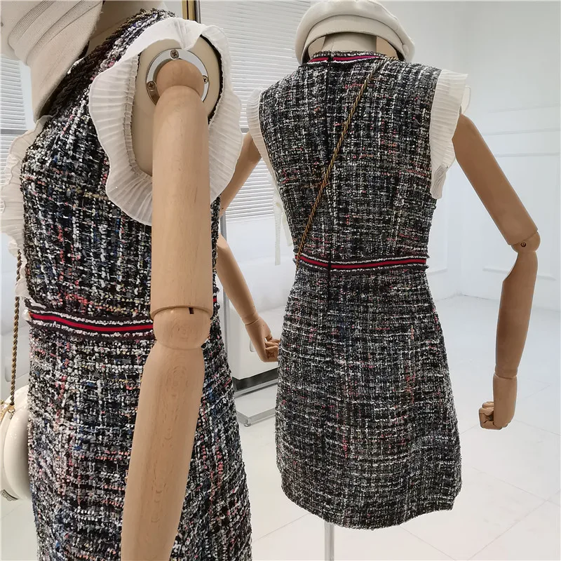 CBAFU твидовые платья, элегантное шерстяное клетчатое платье с оборками и жемчужными пуговицами, vestidos, женское платье, летнее женское мини-платье D667