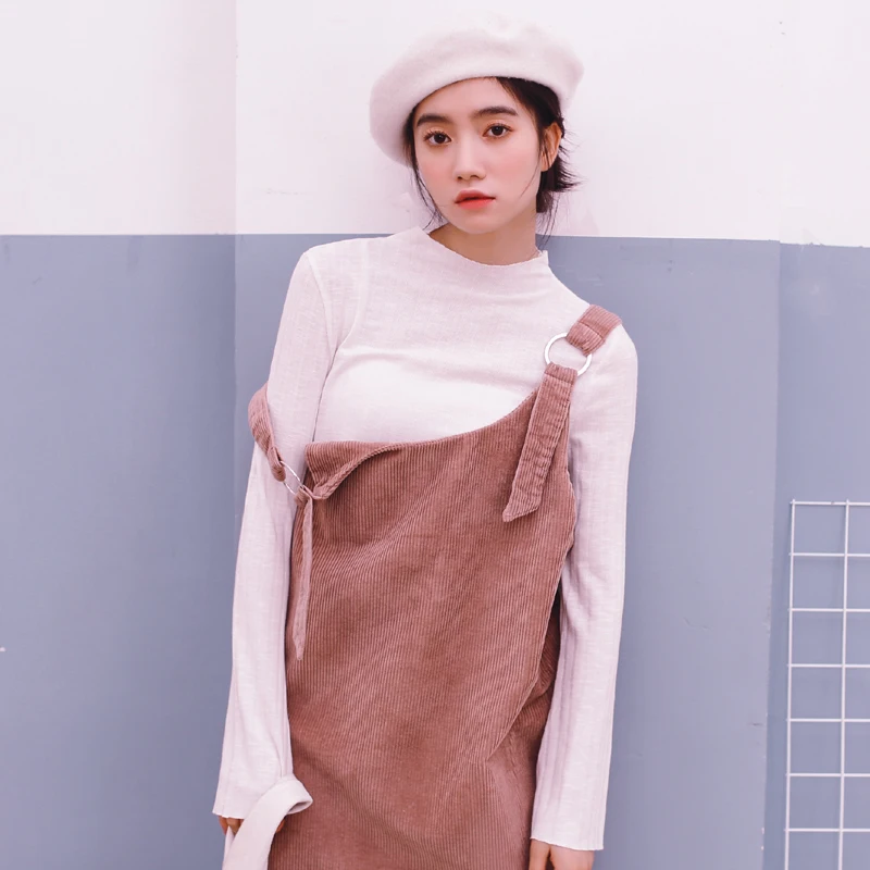 Japanese Preppy Style Autumn Winter Women Mini Sundress Suspenders Pink Gray Khaki Casual Split Dress Kawaii Corduroy Girl Dress