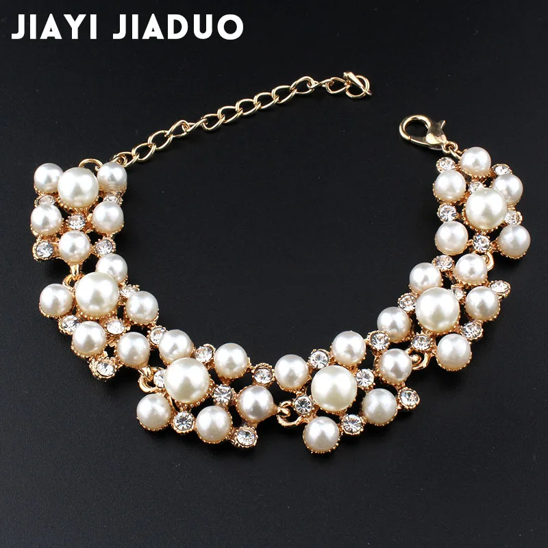 

jiayijiaduo Simulation pearl bracelet ladies gold color link chain crystal bridal wedding jewelry bracelet and bracelet 805