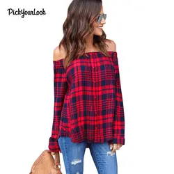 PickyourLook красный и черный клетчатая блузка с длинным рукавом blusas mujer de moda 2018 с открытыми плечами Топ для женщин топы корректирующие и блузки