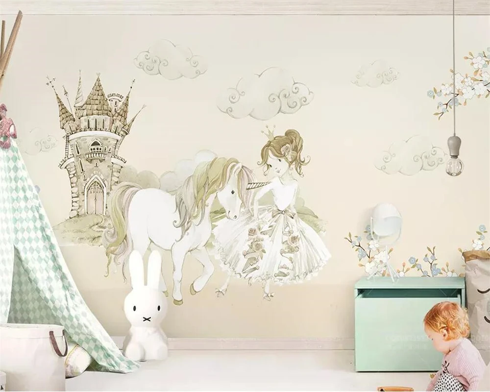 

Beibehang Custom wallpaper little princess and one-horned horse castle fairy tale children's room background wall 3d wallpaper