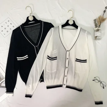 

2018 new Harajuku New spring Autumn female knit cardigan sweater coat short shawl pocket white black hit color knitted jacket