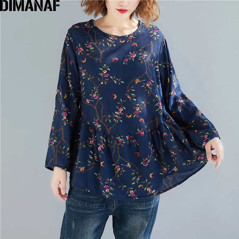 

DIMANAF Plus Size Women T-Shirts Loose Casual Spring Shirts Cotton Linen Lady Tops Tees Vintage Print Floral Female Clothes 2019