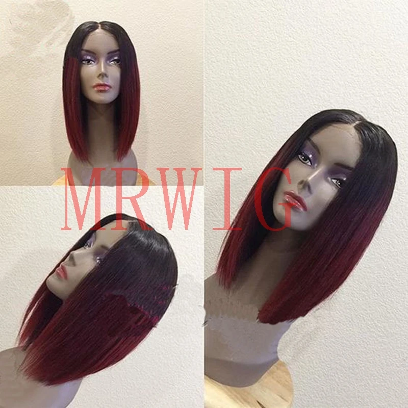 

MRWIG short bob straight 1b#ombre burgundy 12inch(1b#3inch) short dark roots for woman 150% 10-18inch high temperat