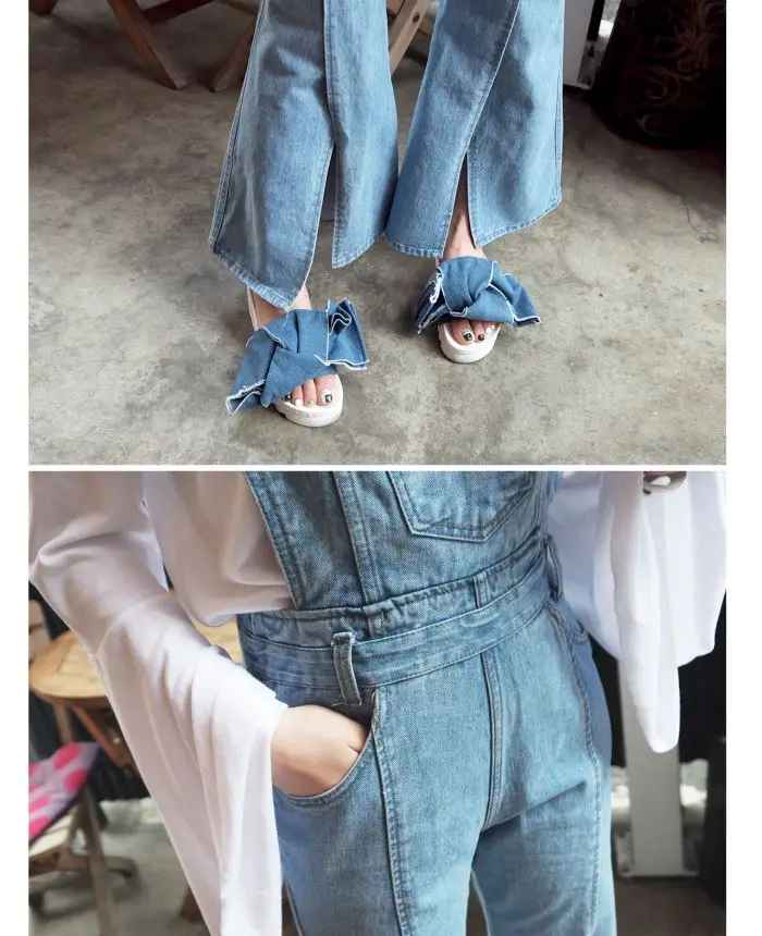 Винтажный корейский ремень Комбинезоны на подтяжках Pocke split Flares Bottom джинсовые брюки на молнии джинсовые брюки комбинезон женский сексуальный