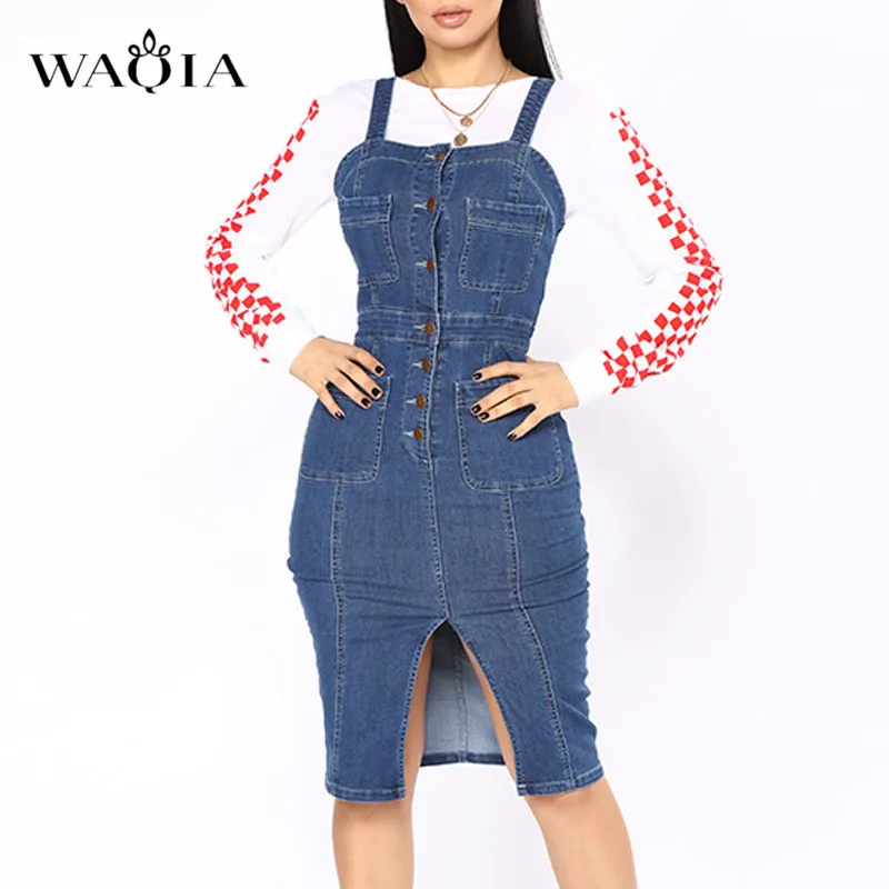 Waqia 2019 пикантные Повседневное платье из джинсовой ткани миди летний женский