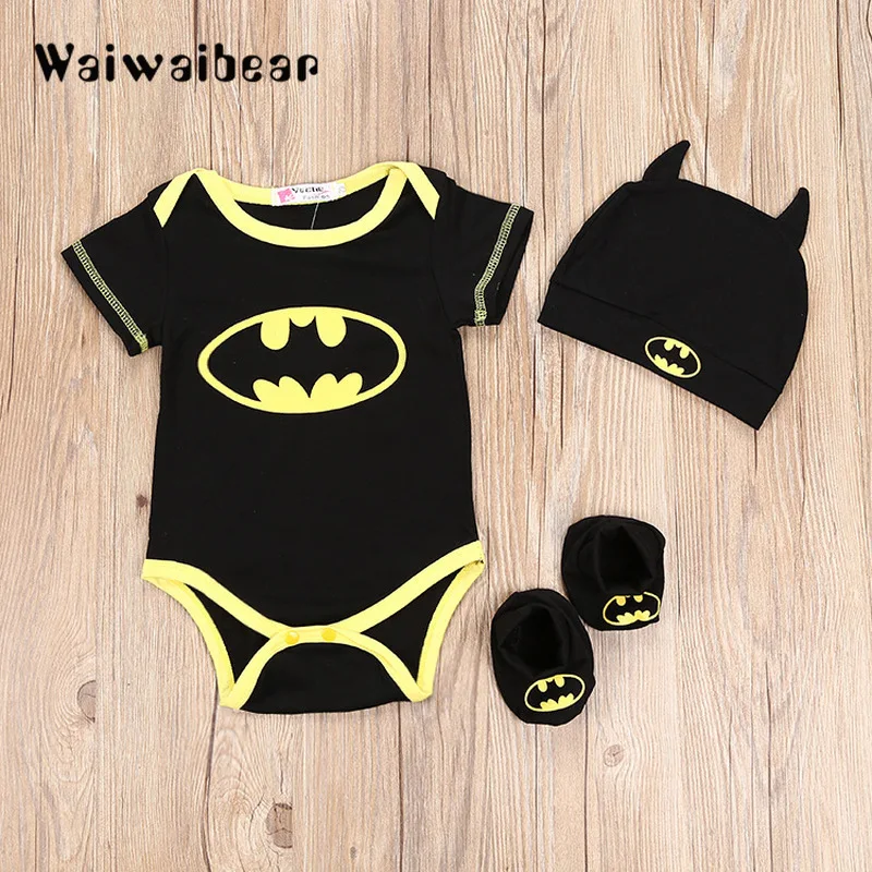 

Hot sell Newborn Baby Rompers Batman Cotton Short Sleeve Rompers+Shoes+Hat 3Pcs Outfits Set Clothing Set For Boys