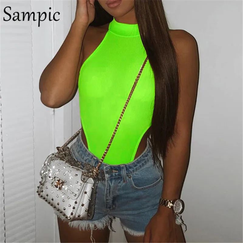 Sampic النيون مثير نادي الجسم النساء ارتداءها الرسن أكمام الصيف رومبير ارتداءها 2019 سلحفاة الرقبة أبيض أسود داخلية