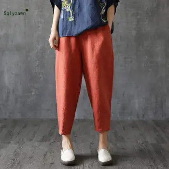 

Women Casual Cotton Linen Harem Pants Spring and Summer Loose Turnip Trousers Solid Elastic Waist Retro Pantalon Plus Size 4XL
