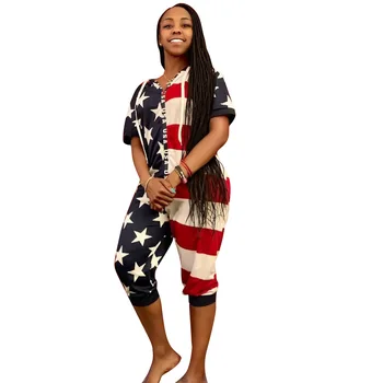 

Summer Autumn Women Jumpsuit Bodycon Playsuit Bodysuit Overalls Rompers Plus Size American Flag Print Zipper Jumpsuits