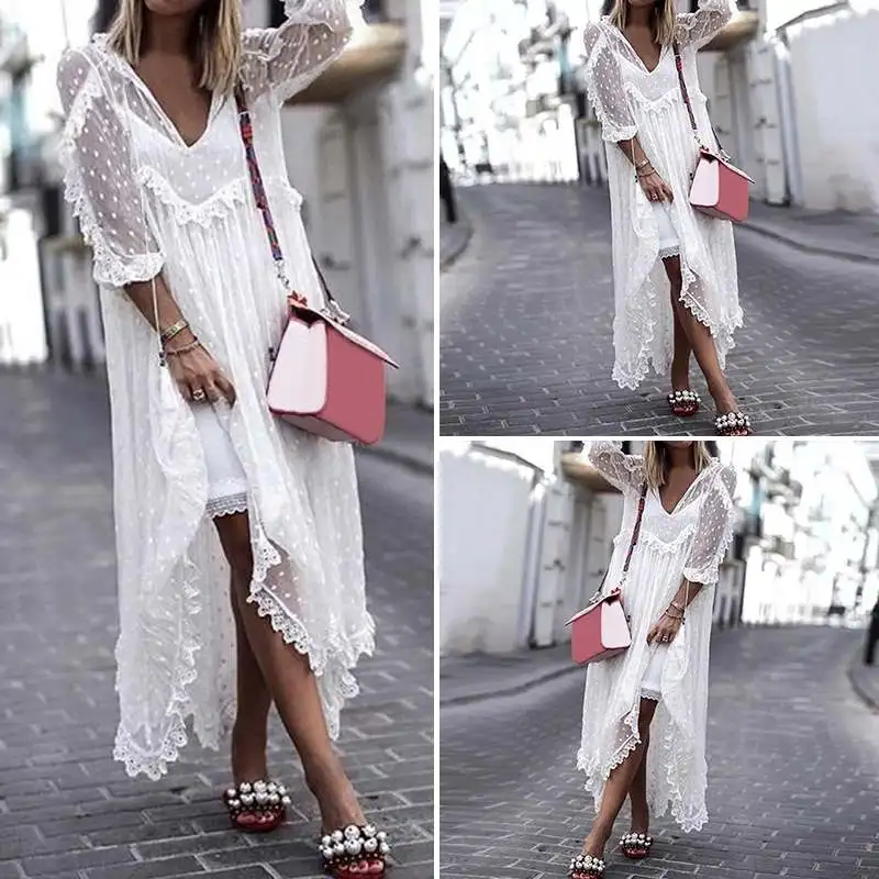 

VONDA Summer Sexy White Lace Dress 2019 Women V-Neck Dot Hollow Asymmetrical Hem Dress Holiday Cardigan Vestidos Plus Size S-5XL