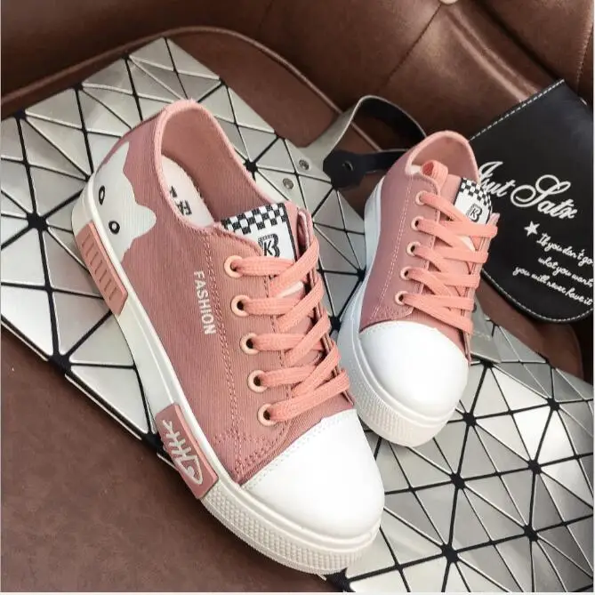 

Women Flat Cartoon Canvas Shoes 2018 New Summer White Lace Up Student Board Shoes Ladies Casual Shoes Female Sneakers