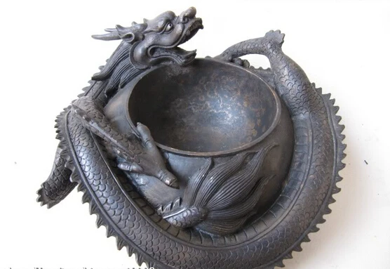 

Collectible bronze lion statue S0142 Chinese Palace pure bronze Copper carved wreathe Dragon ashtray (B0413)