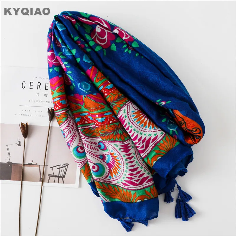 

KYQIAO women blue scarf female autumn winter Mexico style hippie vintage long blue floral print head scarf neckerchief