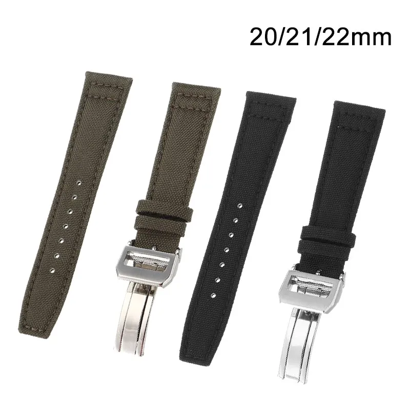

20/21/22mm Nylon Leather Watchband Black Green Fashion Replacement Bracelet Strap Silver Folding Clasp for/IWC/PILOT'S WATCHES