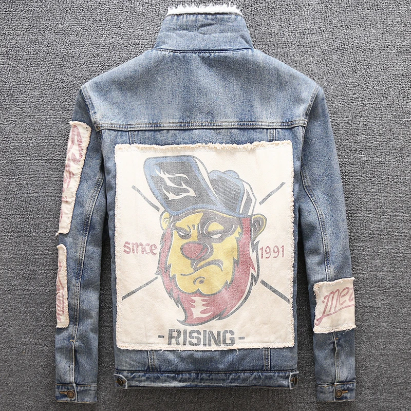Big Size M-5XL Fashion Winter Men Jacket Blue Patch Designer Printed Denim Jackets Men Streetwear Hip Hop Velvet Warm Jackets