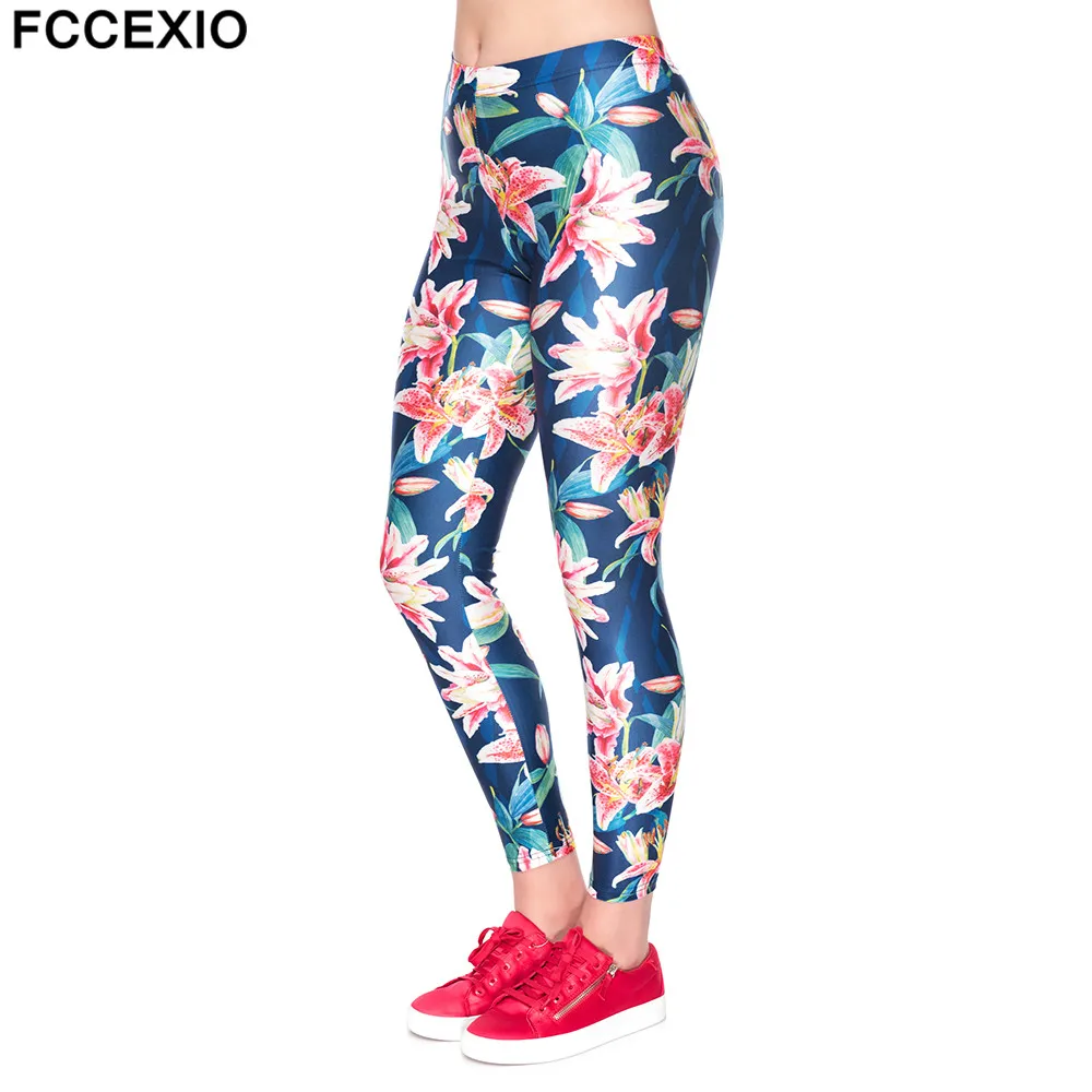 

FCCEXIO 2019 New Women Fitness Leggings Workout Leggins Punk Legging Slim High Waist Pink Tropical Flowers Printed Fashion Pants