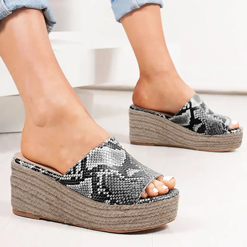 

Women's Slippers High Heel Wedges Summer Beach Casual Shoes Snakeskin Print Grain Home Outdoor Platform Leather Mujer Slides