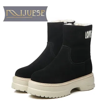

MLJUESE 2019 women snow boots Cow Suede Rome style zippers round toe winter warm plush platform boots women boots