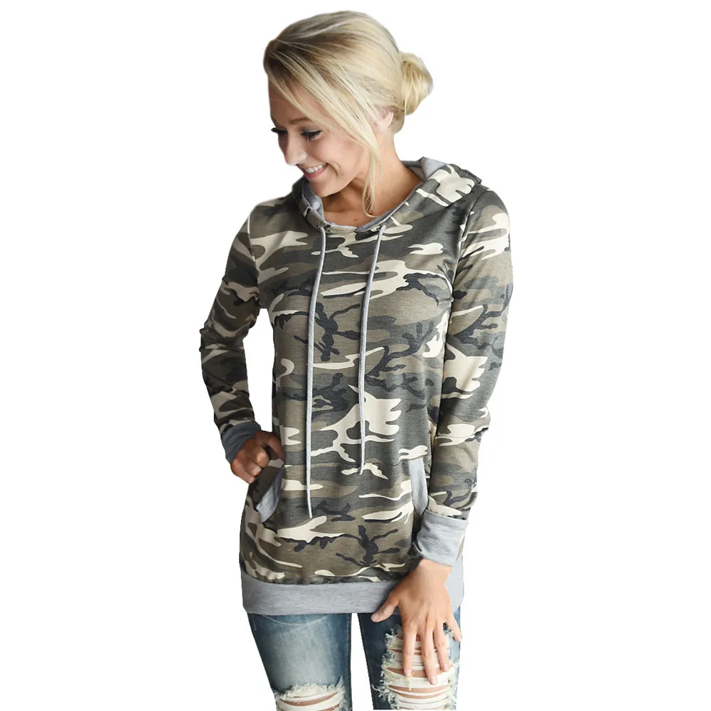  Free Ostrich Womens Camouflage Printing Pocket Hoodie Sweatshirt Hooded Pullover Tops female Sweats